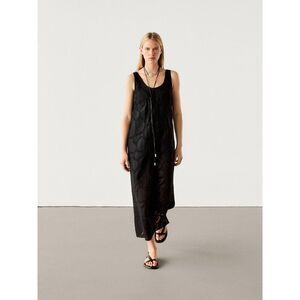 Massimo Dutti Women Midi Dress S Black Viscose Embroidered Detail 6617/617 NWT